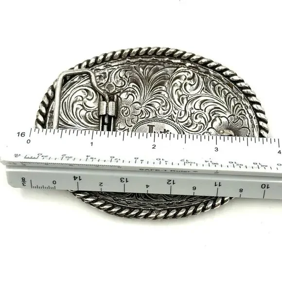 Justin Brand Western Belt Buckle 4'' x 3" Silver Color Floral Rodeo - Picture 3 of 6